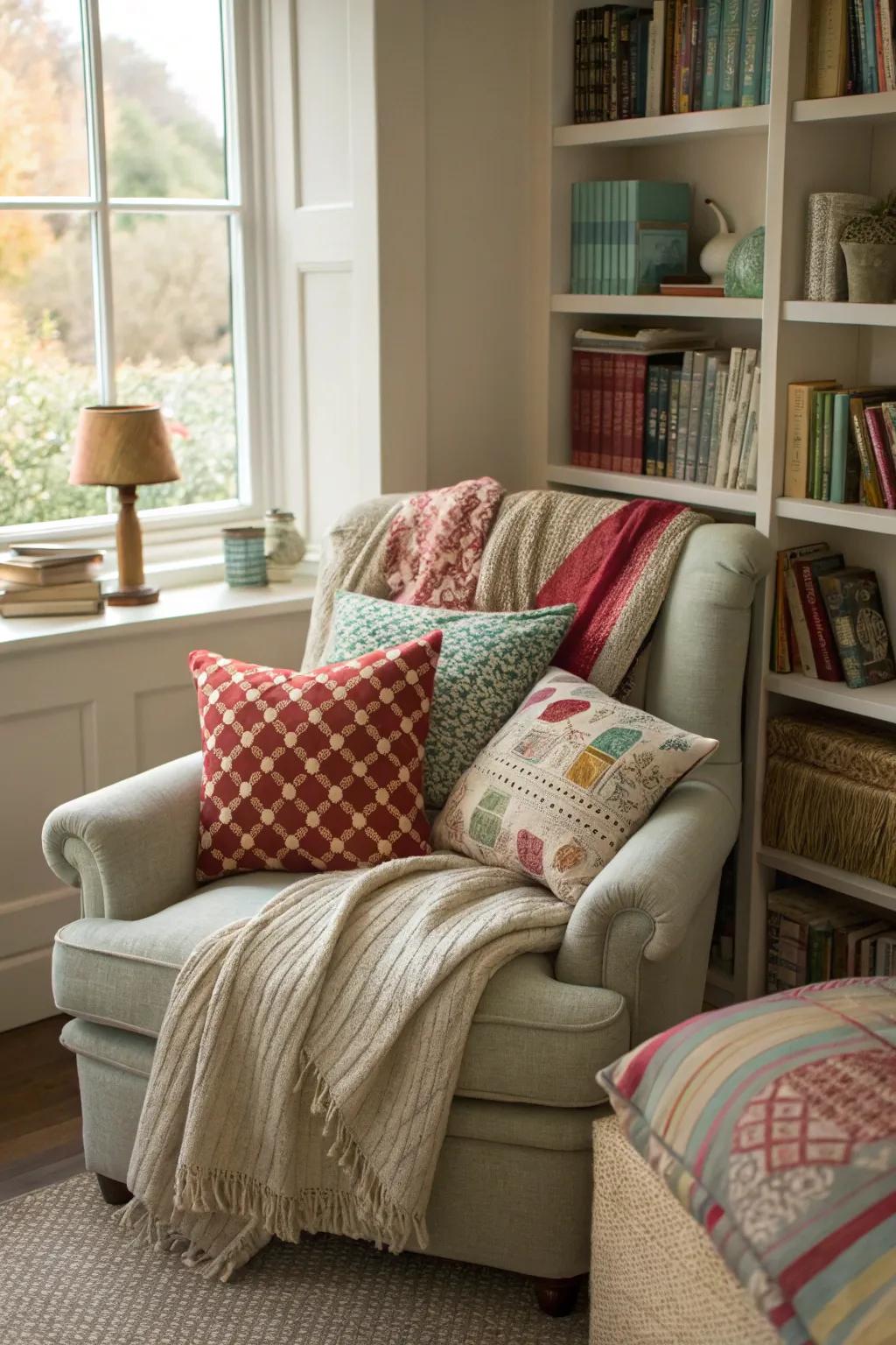 A reading nook overflowing with vibrant pillows and throws, beckoning you to settle in and unwind.