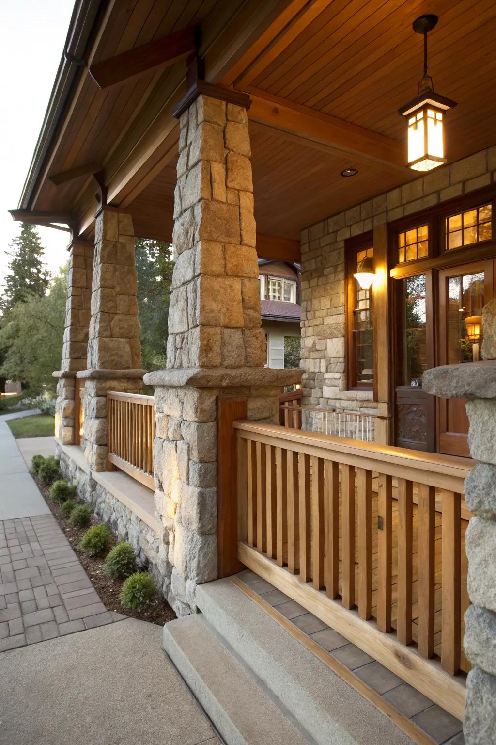 Rock and timber combine to deliver a harmonious Craftsman porch design.