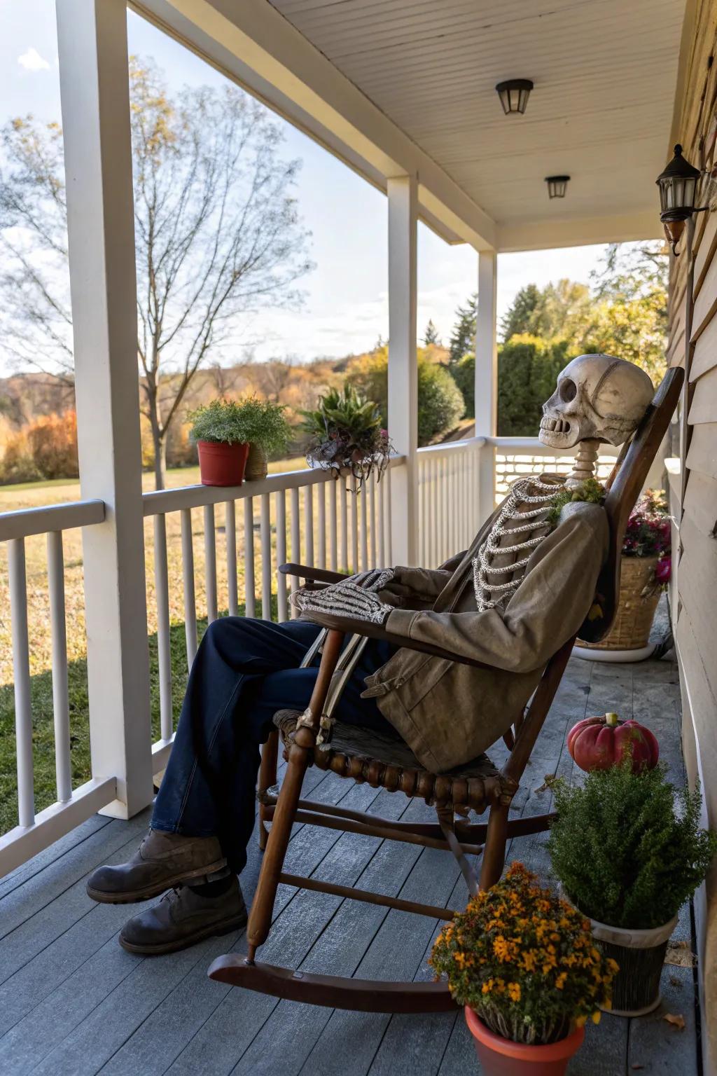 A skeleton greeter provides a funny Halloween welcome.