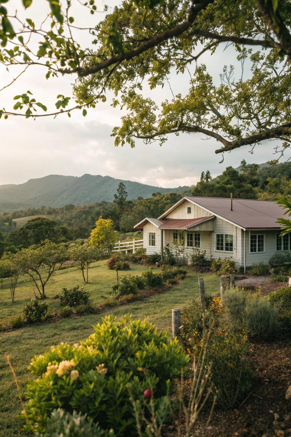 Framing with greenery gives a cozy, inviting feel.