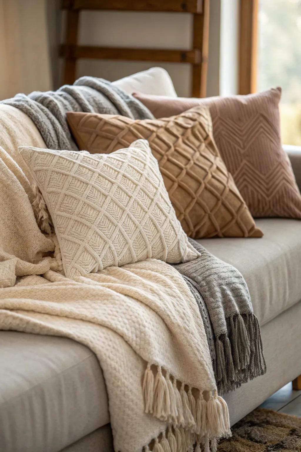 Layered textiles adding warmth and texture.