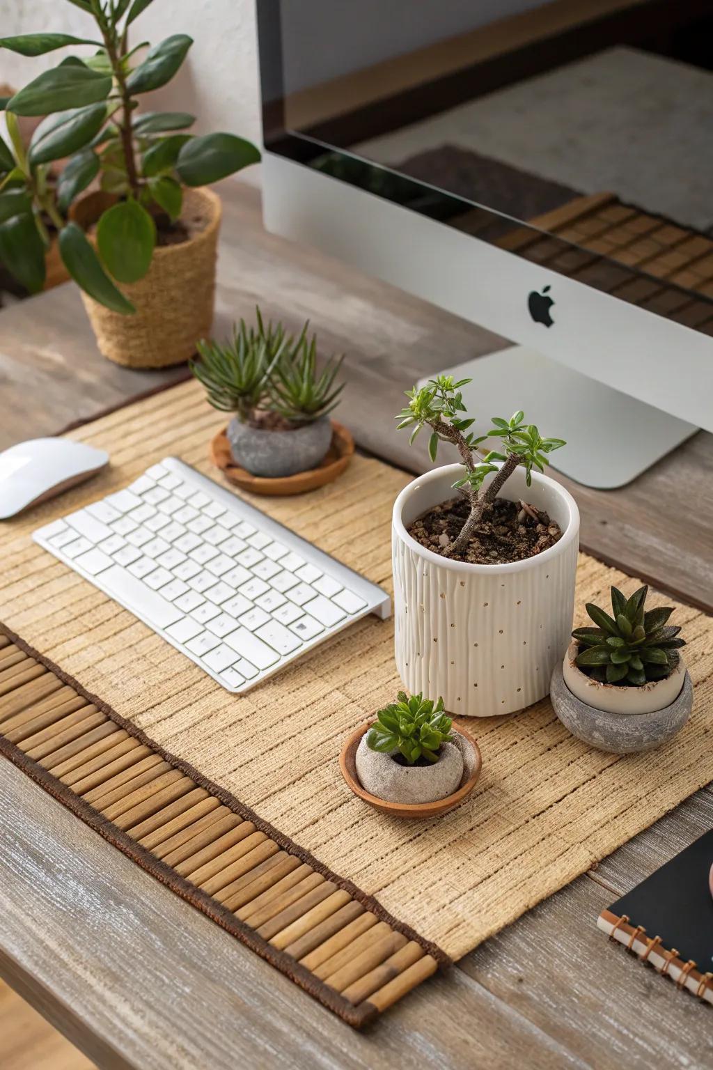 A desk featuring small plants and a bamboo mat for a serene setup.