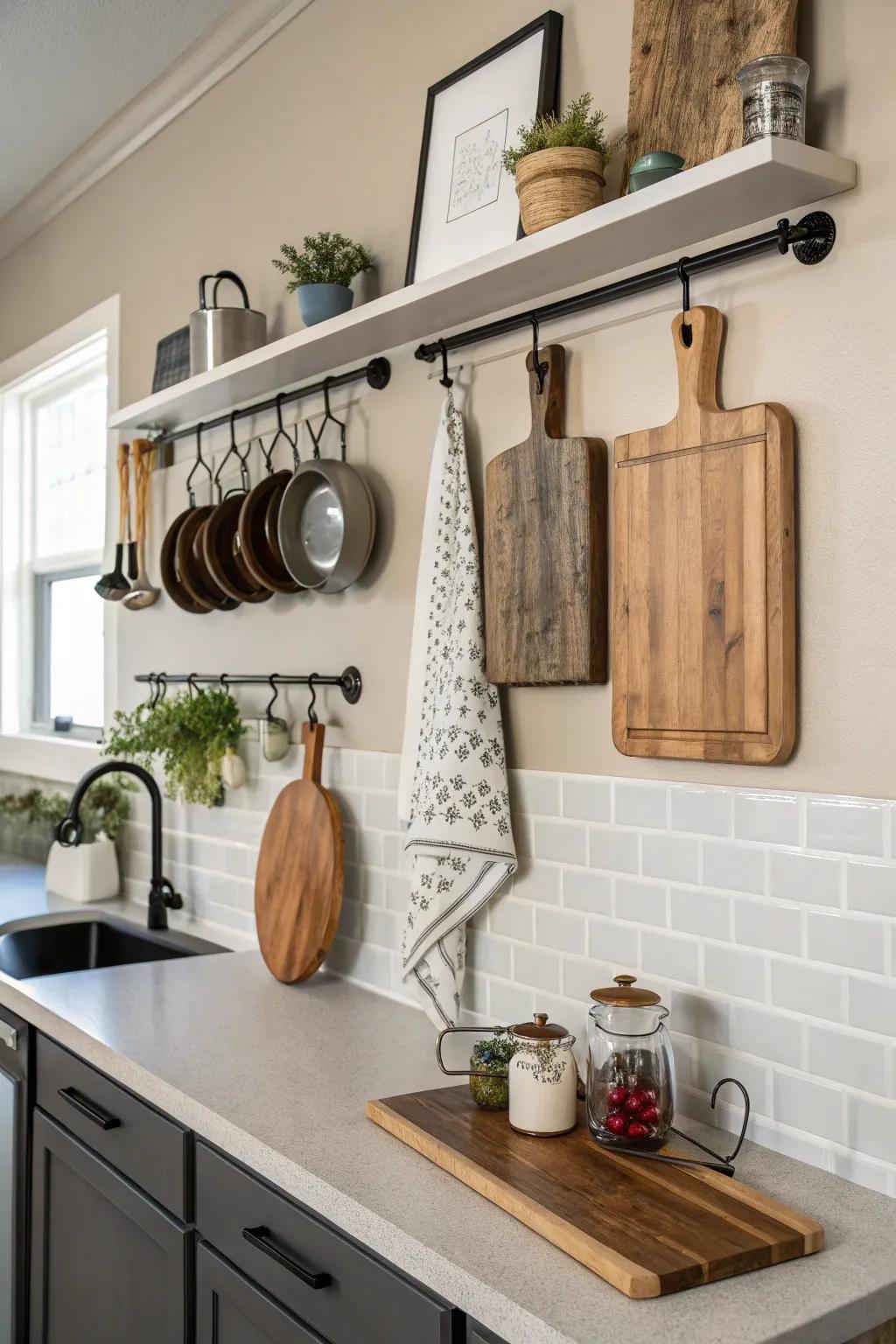 Wall-mounted racks for displaying cutting boards beautifully.