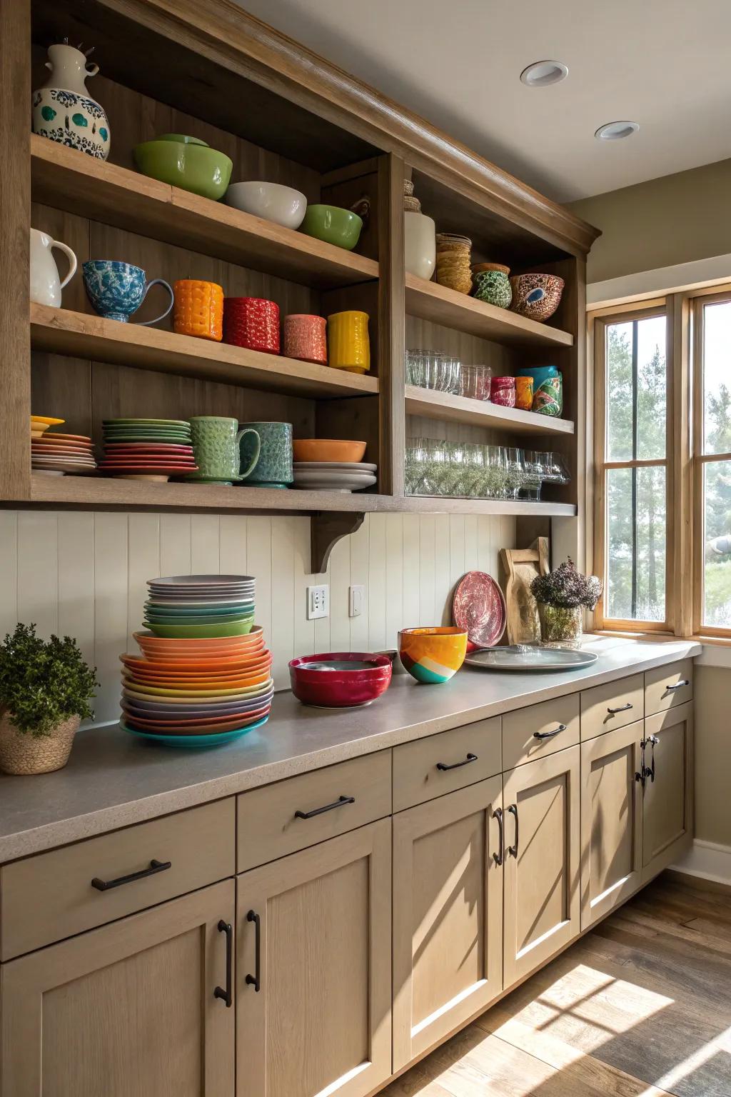 Open shelving adds contrast and functionality to dark beige kitchens.