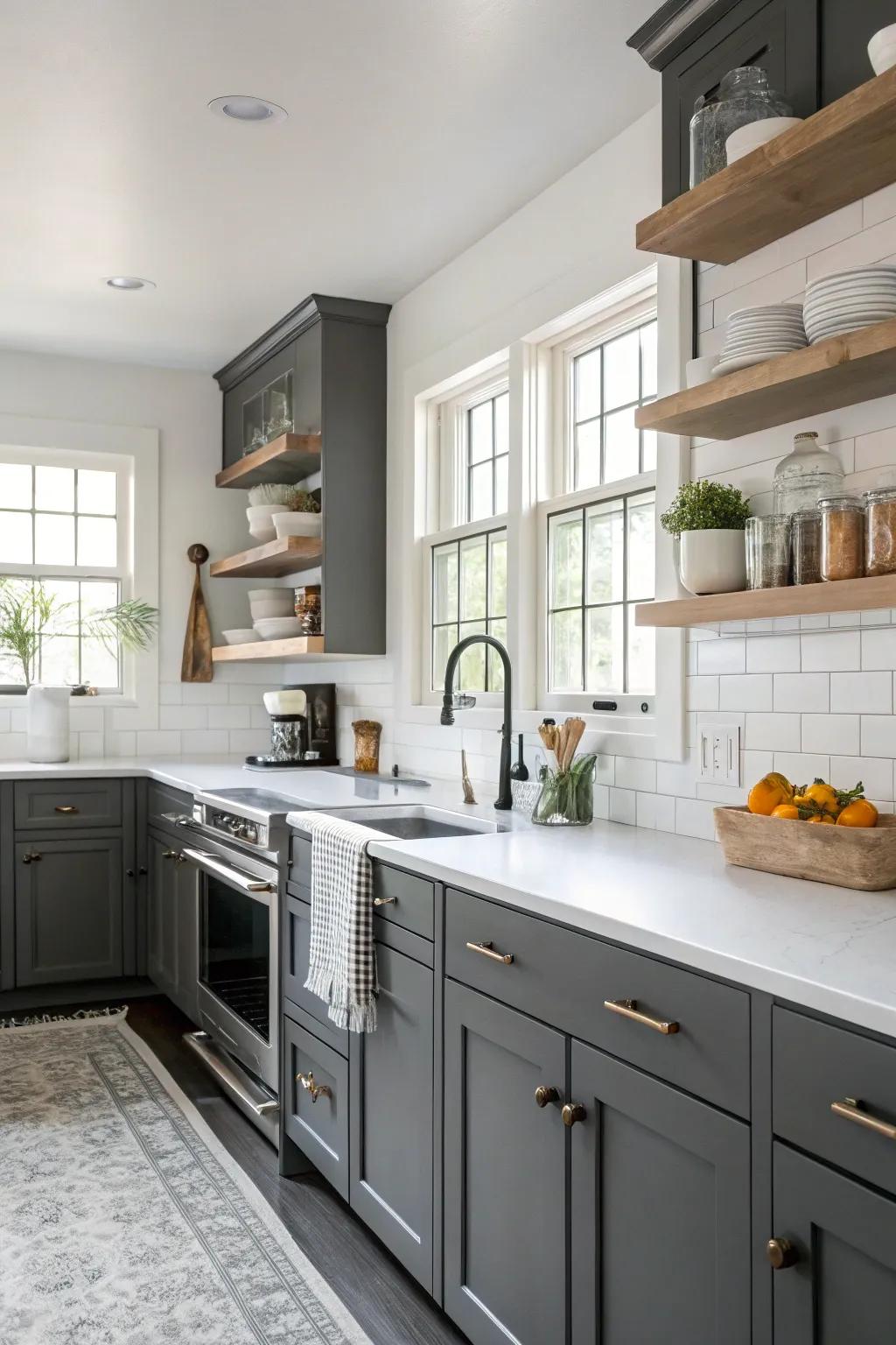 Deep charcoal cabinets beautifully contrasted with ivory worktops for a striking visual.