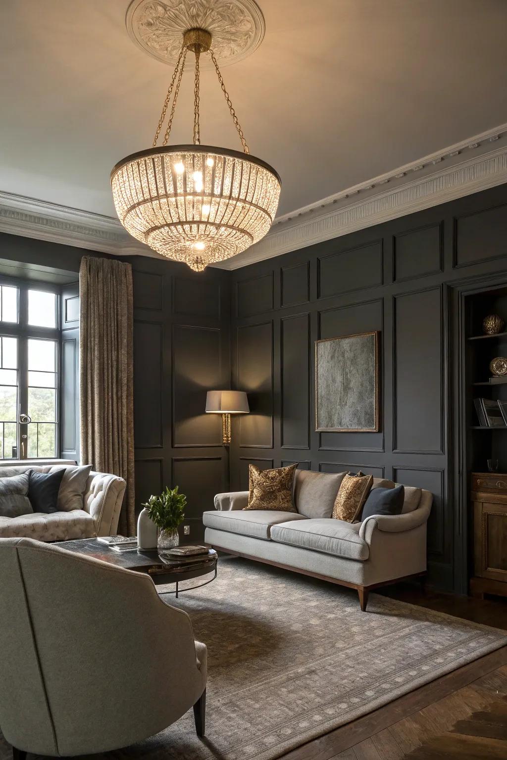 Statement lighting enhancing the ambiance of a dark grey room.