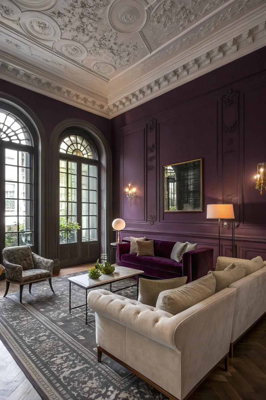 Dark purple walls create a dramatic backdrop in this sophisticated living room.