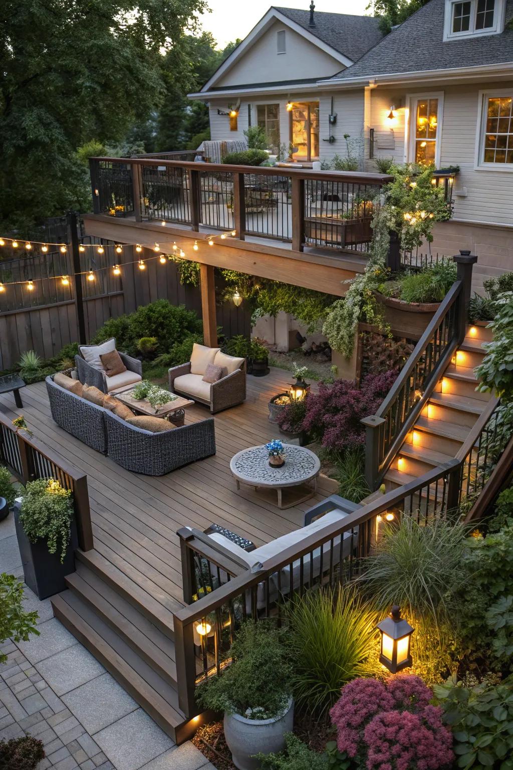 A multi-level deck that creatively uses space to its advantage.