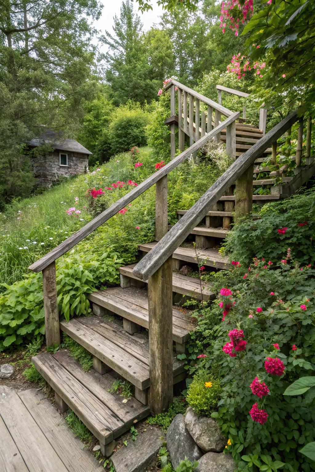 Deck stairs with charming rustic railings made from reclaimed wood.