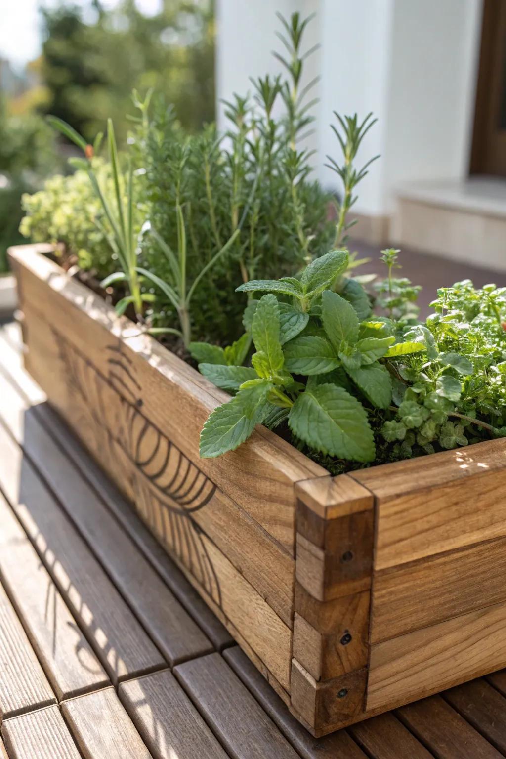 Elevate your deck with handcrafted planters brimming with lush herbs, blending nature with exquisite craftsmanship.
