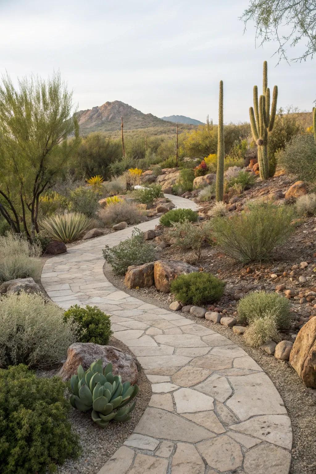 A walkway composed of natural stone, meandering gracefully through a flourishing desert-inspired landscape.