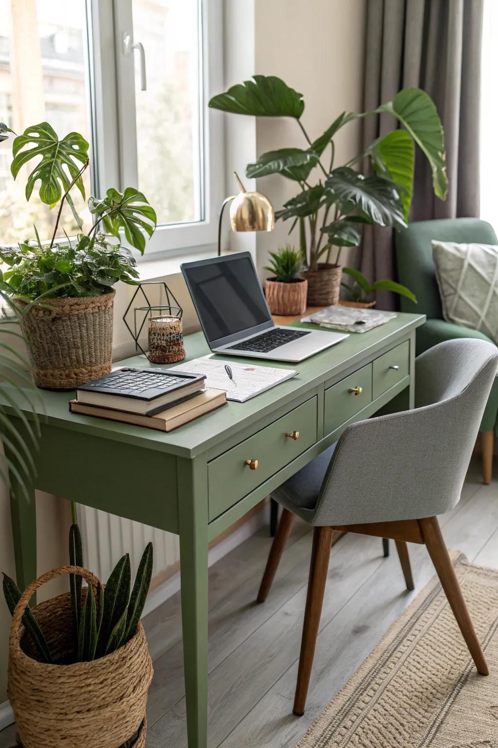 Tranquil verdant desks promote concentration and creativity.