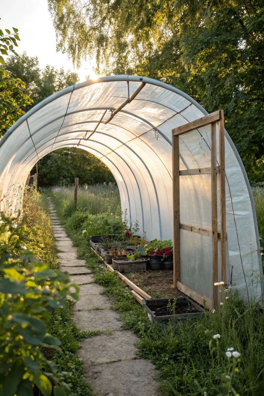 Embrace the simplicity of a polyethylene tunnel greenhouse, where minimalism meets natural beauty. Perfect for your next DIY garden project!