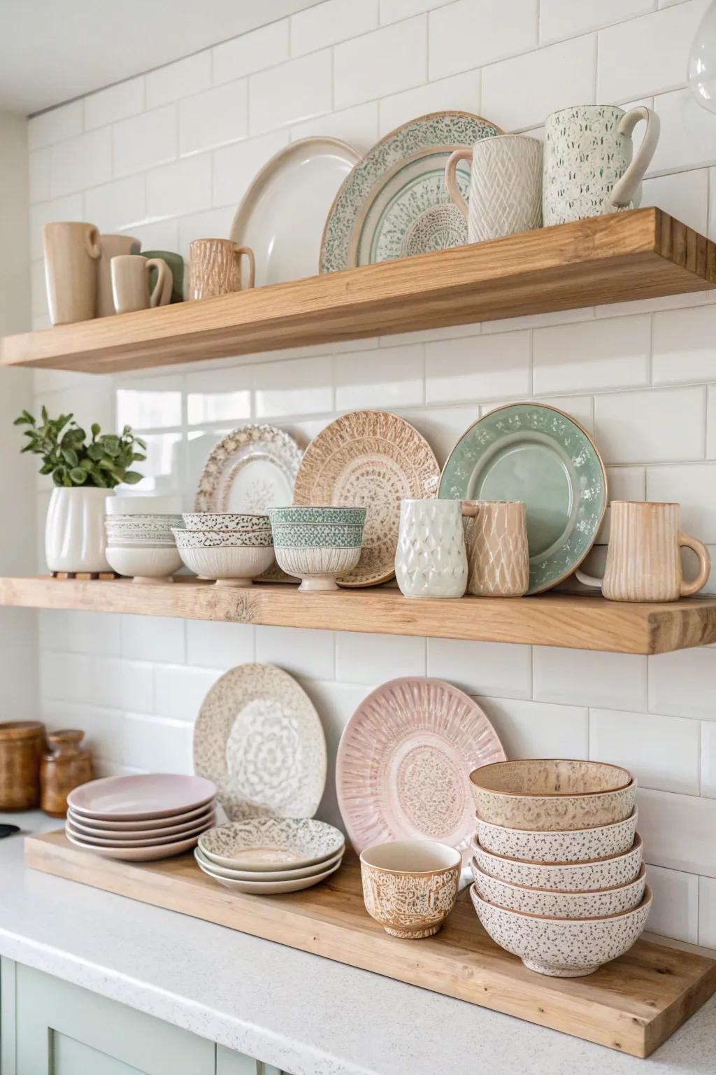 Turn your kitchen into a gallery with charming vintage dish displays that blend minimalist elegance with Boho warmth.