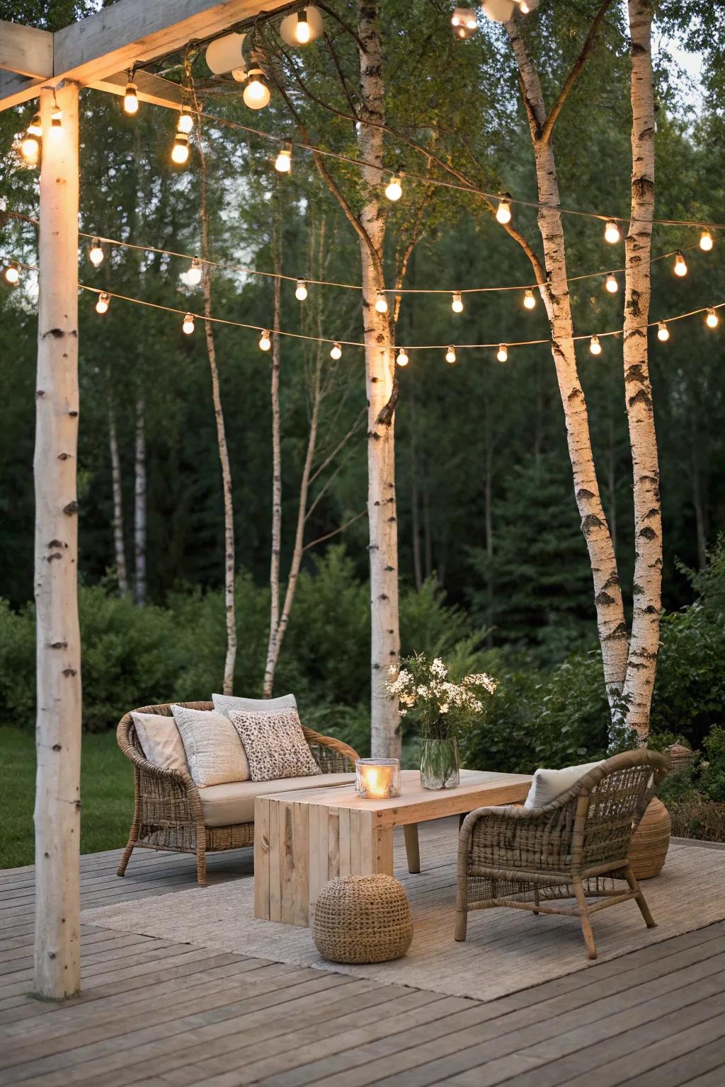 Transform your patio into a serene retreat with a twinkling string light canopy.