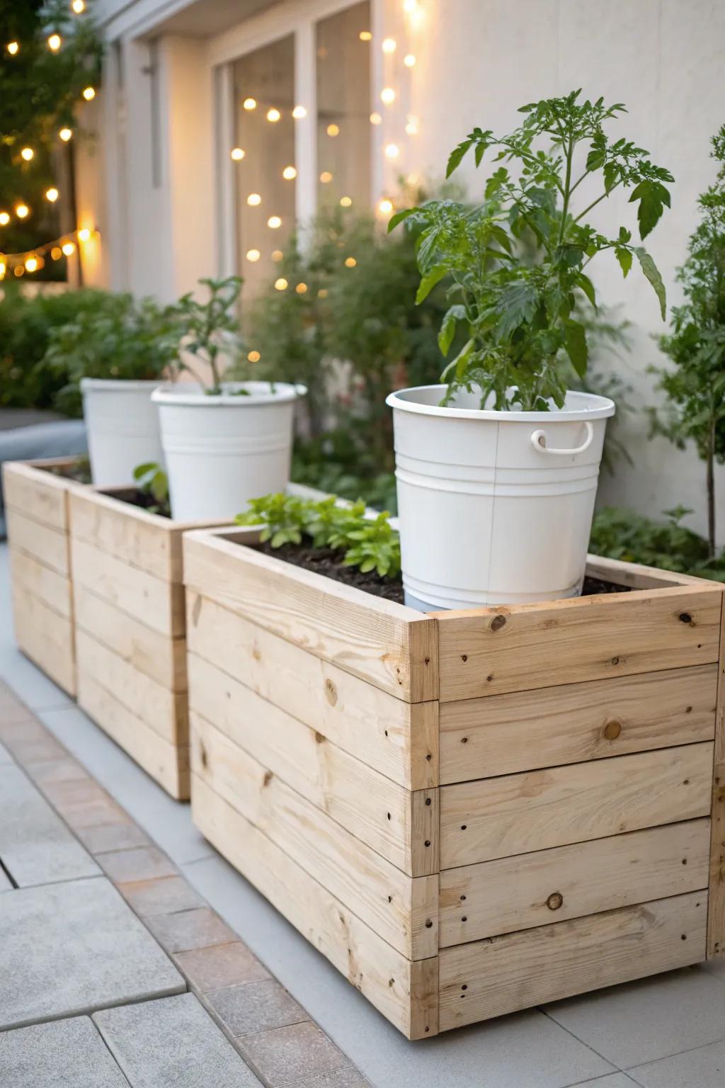 Elevate your garden aesthetics with a Bucket-in-a-Box planter: where simplicity meets natural charm. 🌿🍅