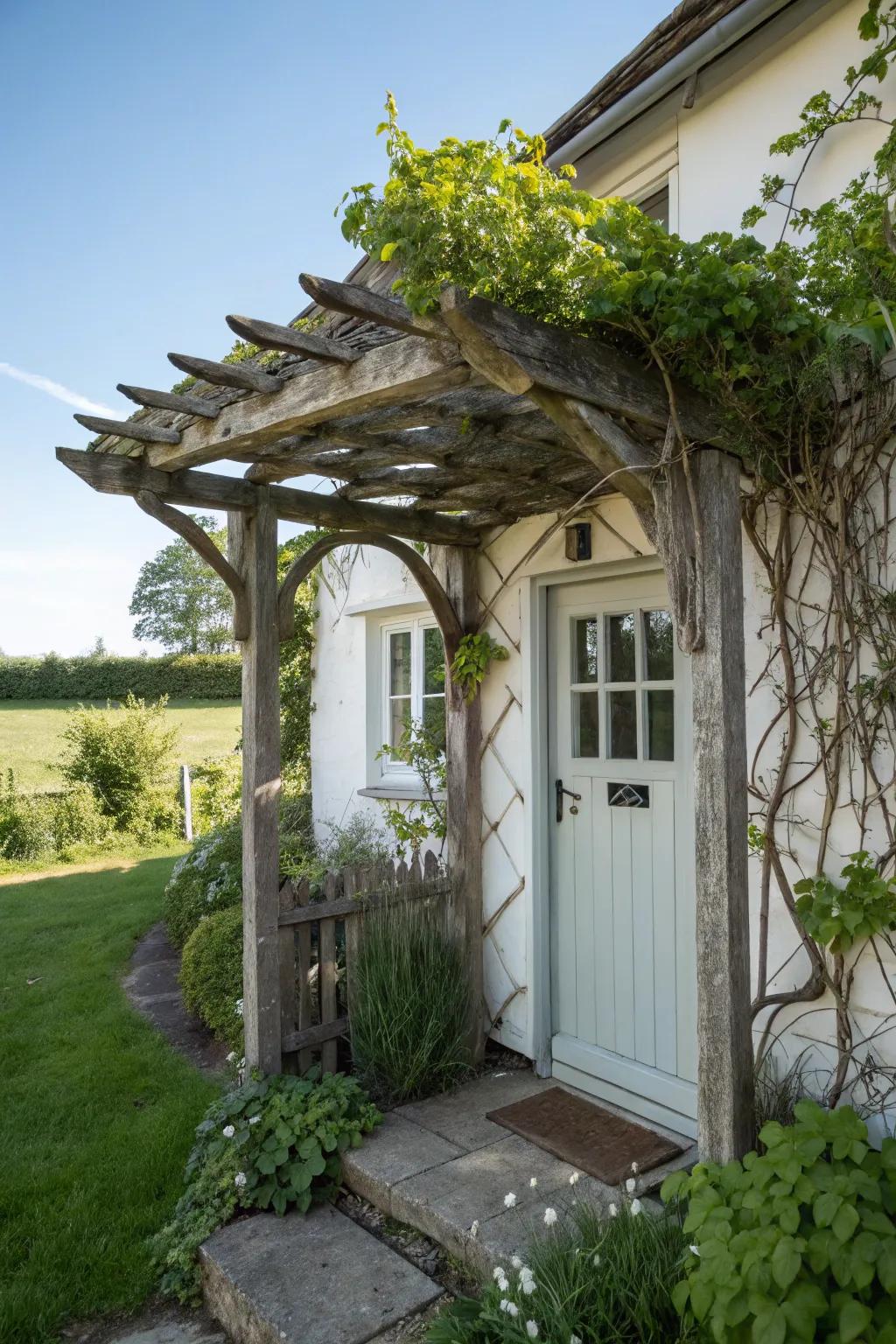 A woodland-style awning over the door of a quaint cottage.