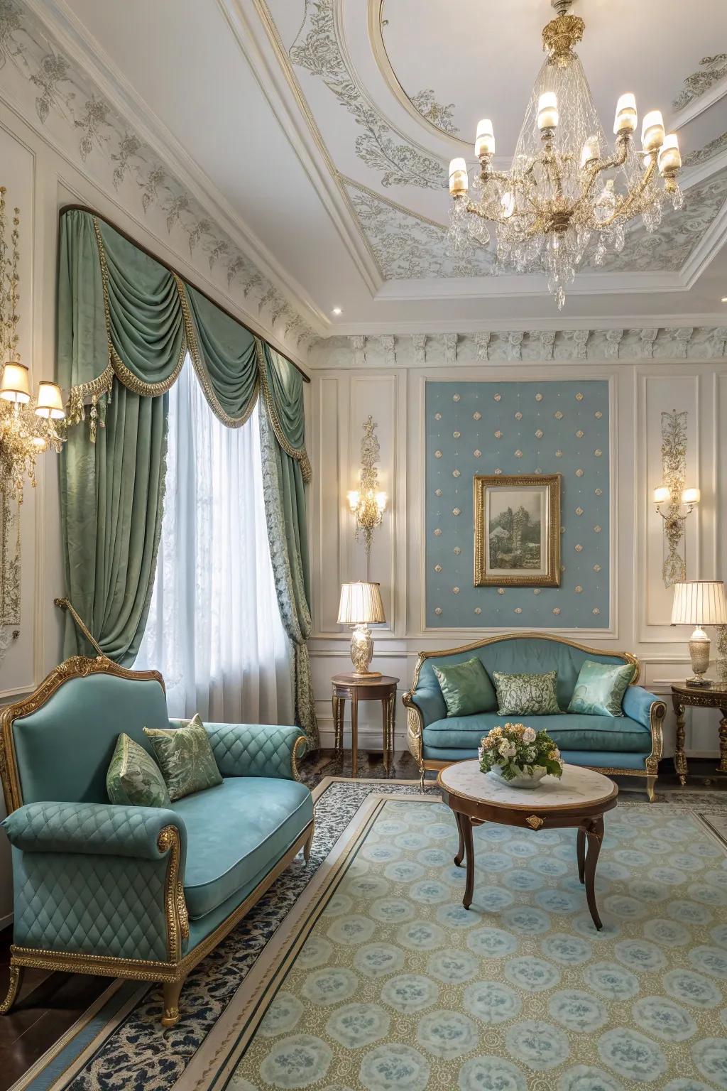 Rich blues and greens fashion a sophisticated and relaxing atmosphere.