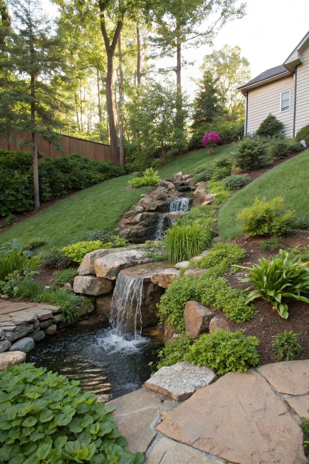 A cascading waterfall infuses peace and beauty into any sloped backyard.