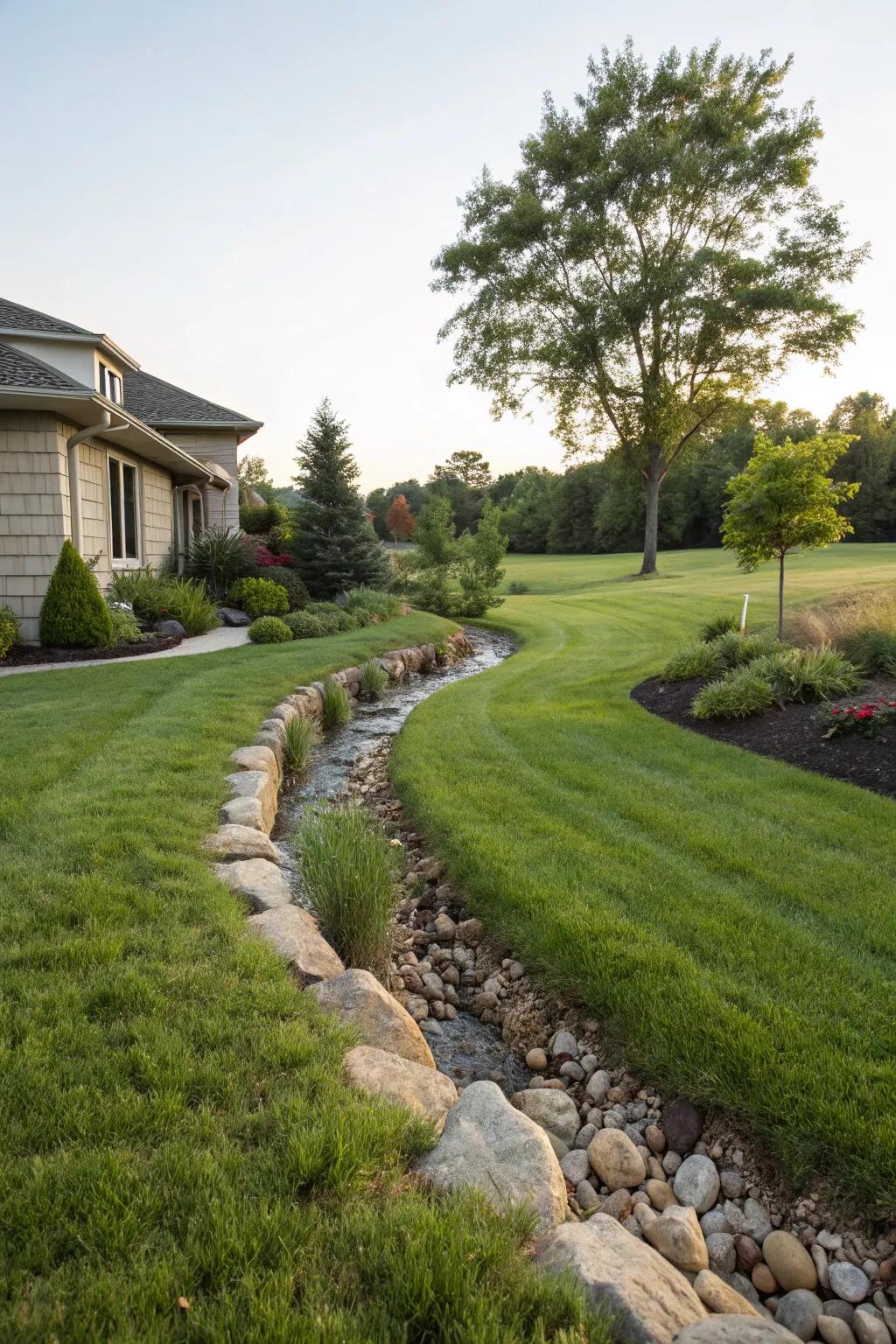 A seamlessly integrated drainage swale enhances lawn aesthetics.