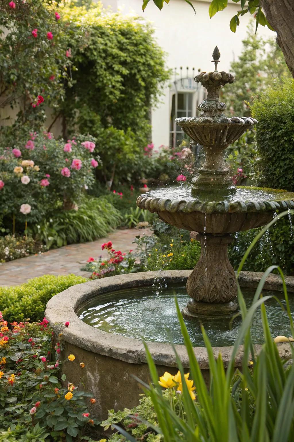 An enchanting water feature adds a sense of calm to the garden.