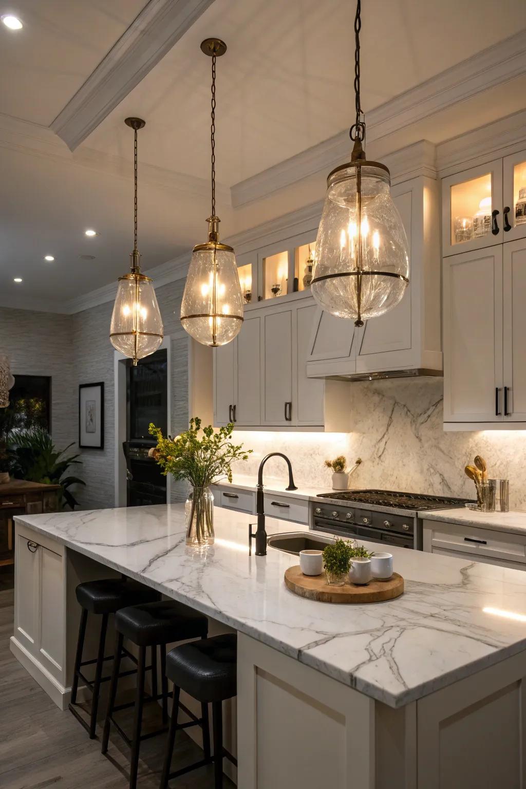 Statement lighting that adds elegance and ambiance to the kitchen.