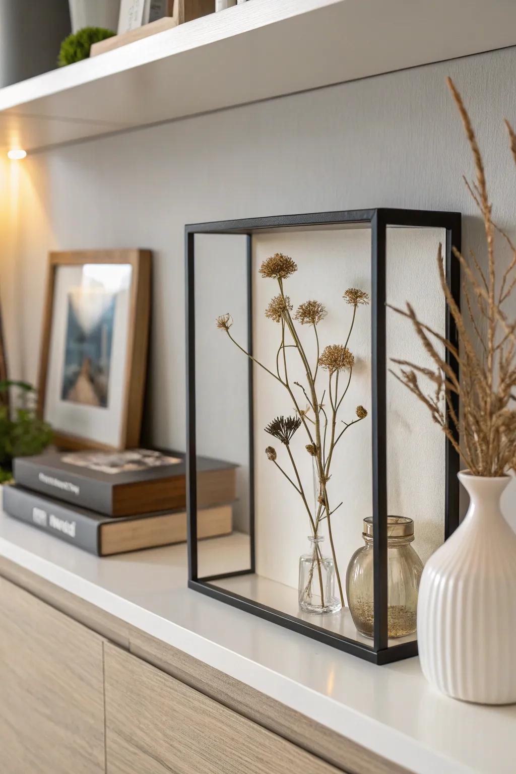 Embrace simplicity with a minimalist display case of preserved flowers.