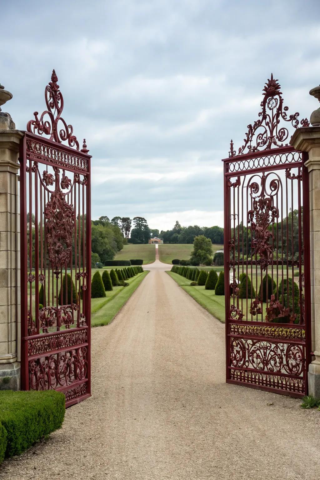 A grand entrance to the driveway is provided by ornate doors.