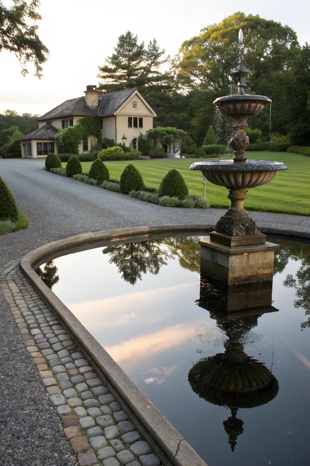 A reflecting pool fountain producing a tranquil ambiance.
