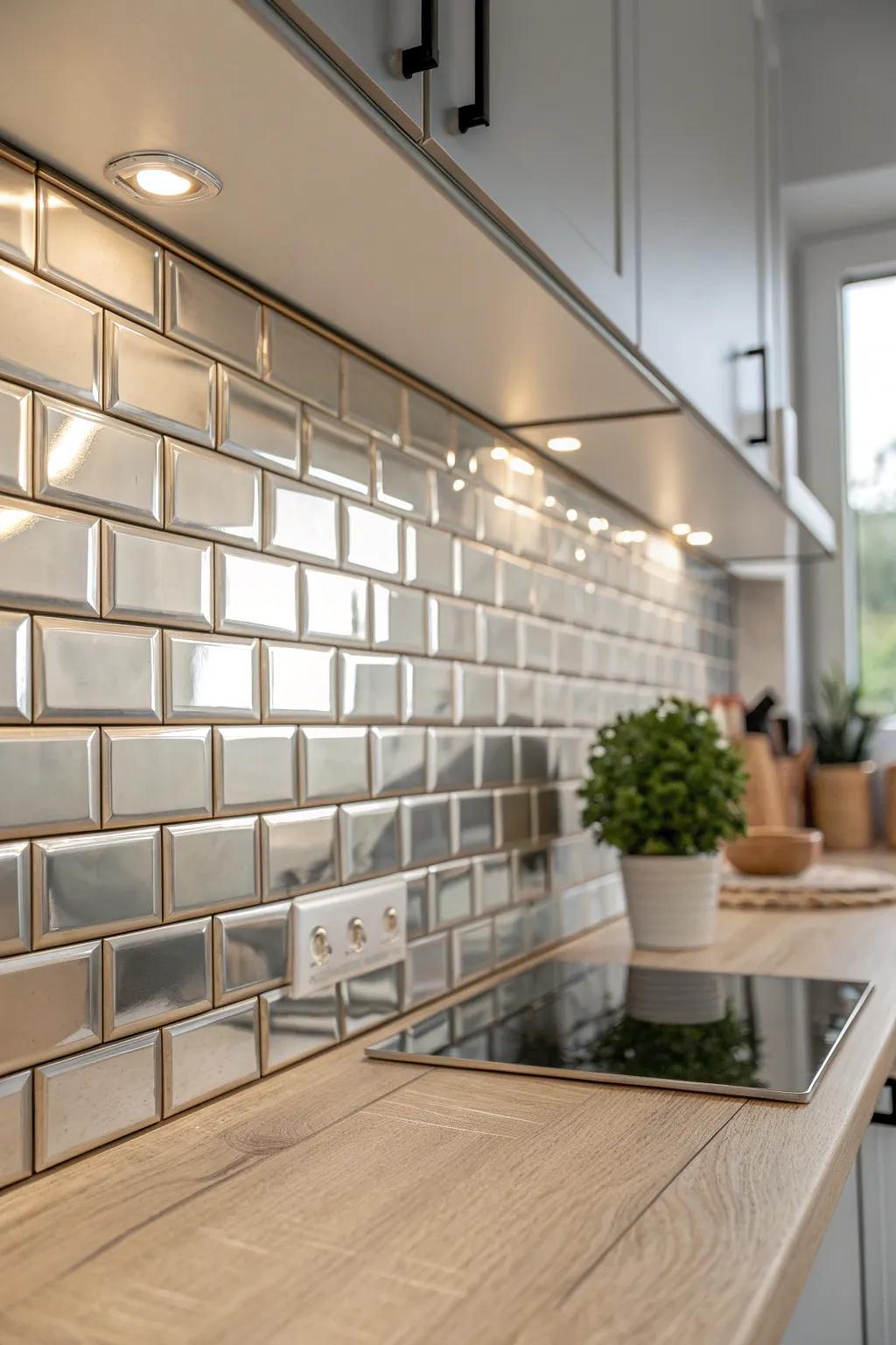 Add a touch of glam to your kitchen with reflective metallic tiles that catch the light like magic.