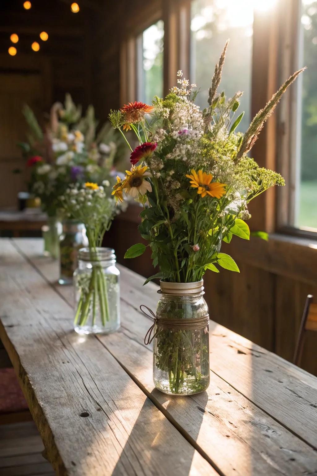 Mason jars bring a rustic touch to flower arrangements.