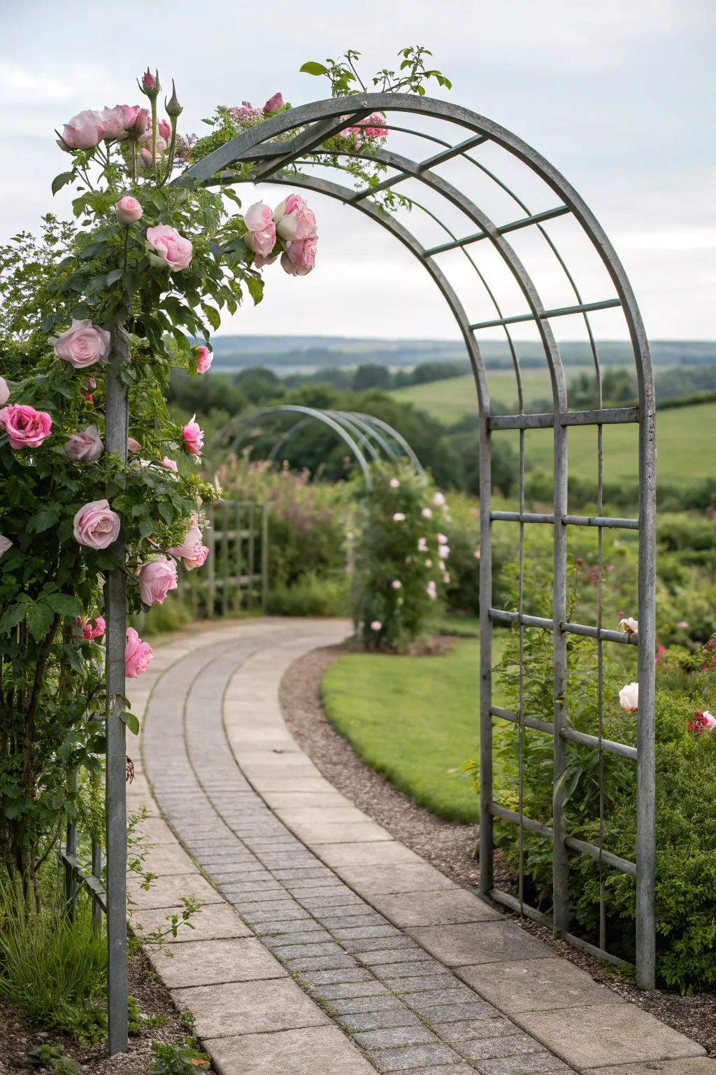 Step into serenity with a stunning arched cattle panel trellis, where minimalist design meets natural beauty.