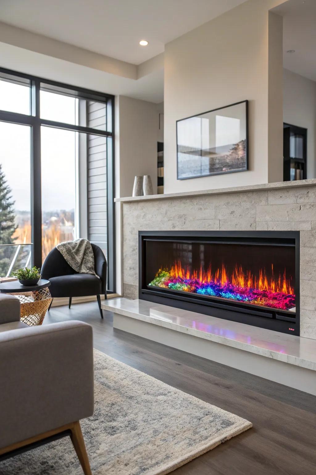 A modern electric fireplace with vibrant multicolor flame effects
