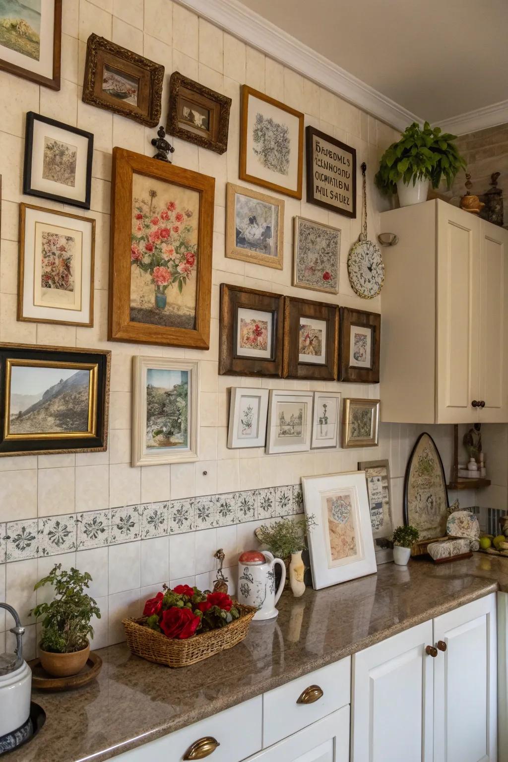 Art transforms a kitchen wall into a personalized gallery.