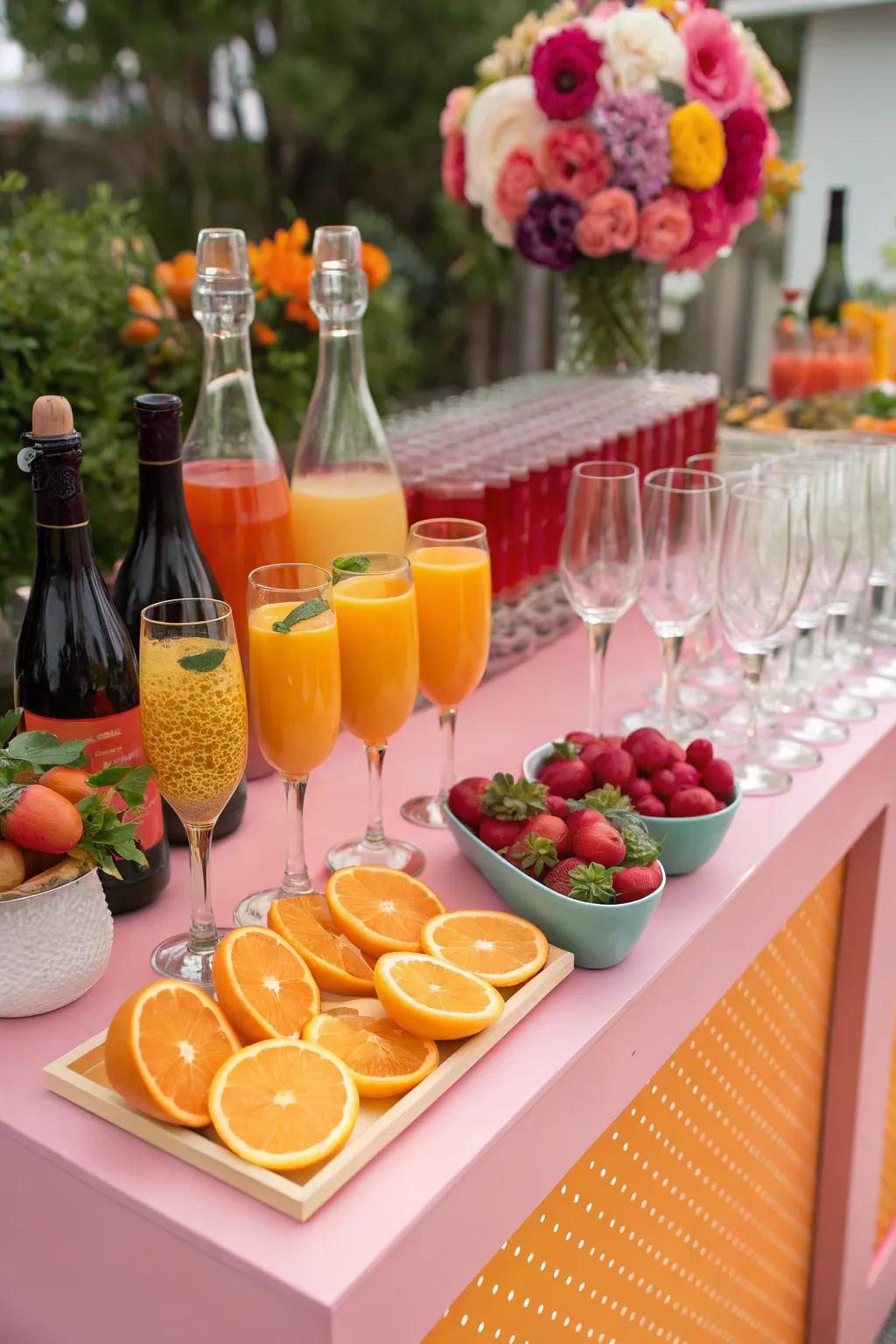 A vibrant mimosa station that inspires attendees to blend and coordinate their preferred flavors.