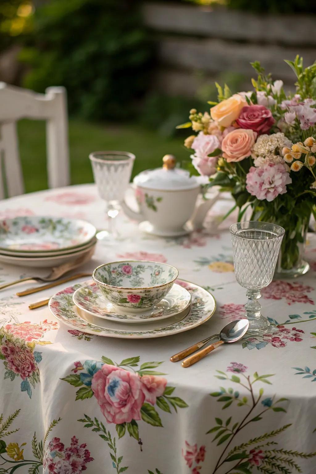 Vintage-inspired tables elevate the tea garden dining adventure.