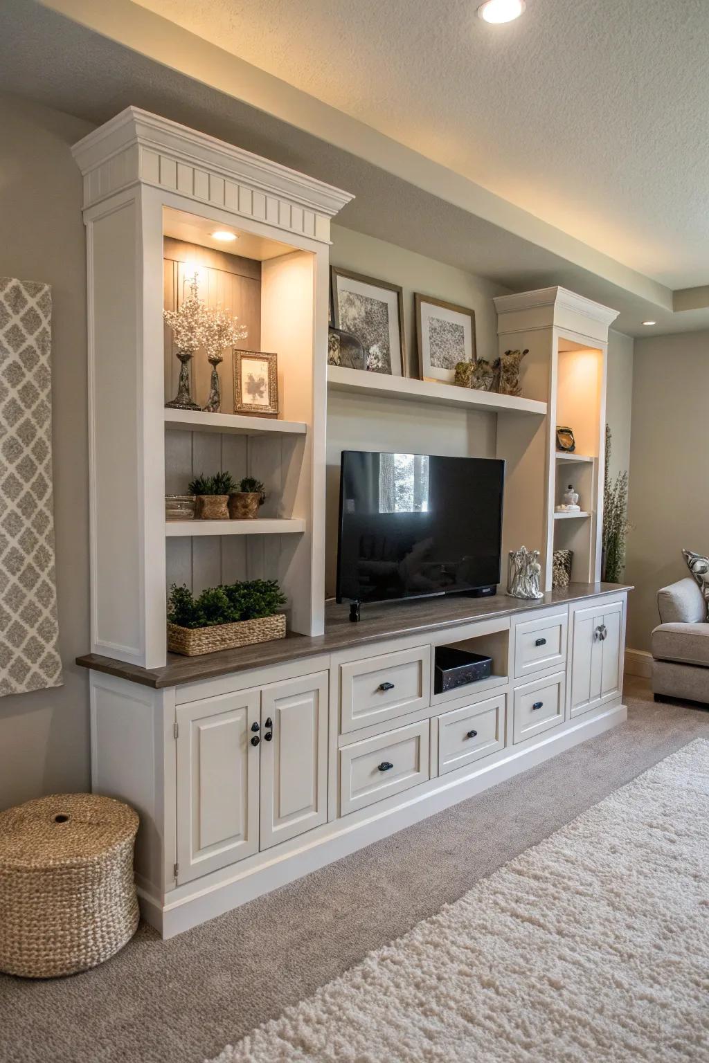 An entertainment center in a neutral palette enhanced with elegant decoration.