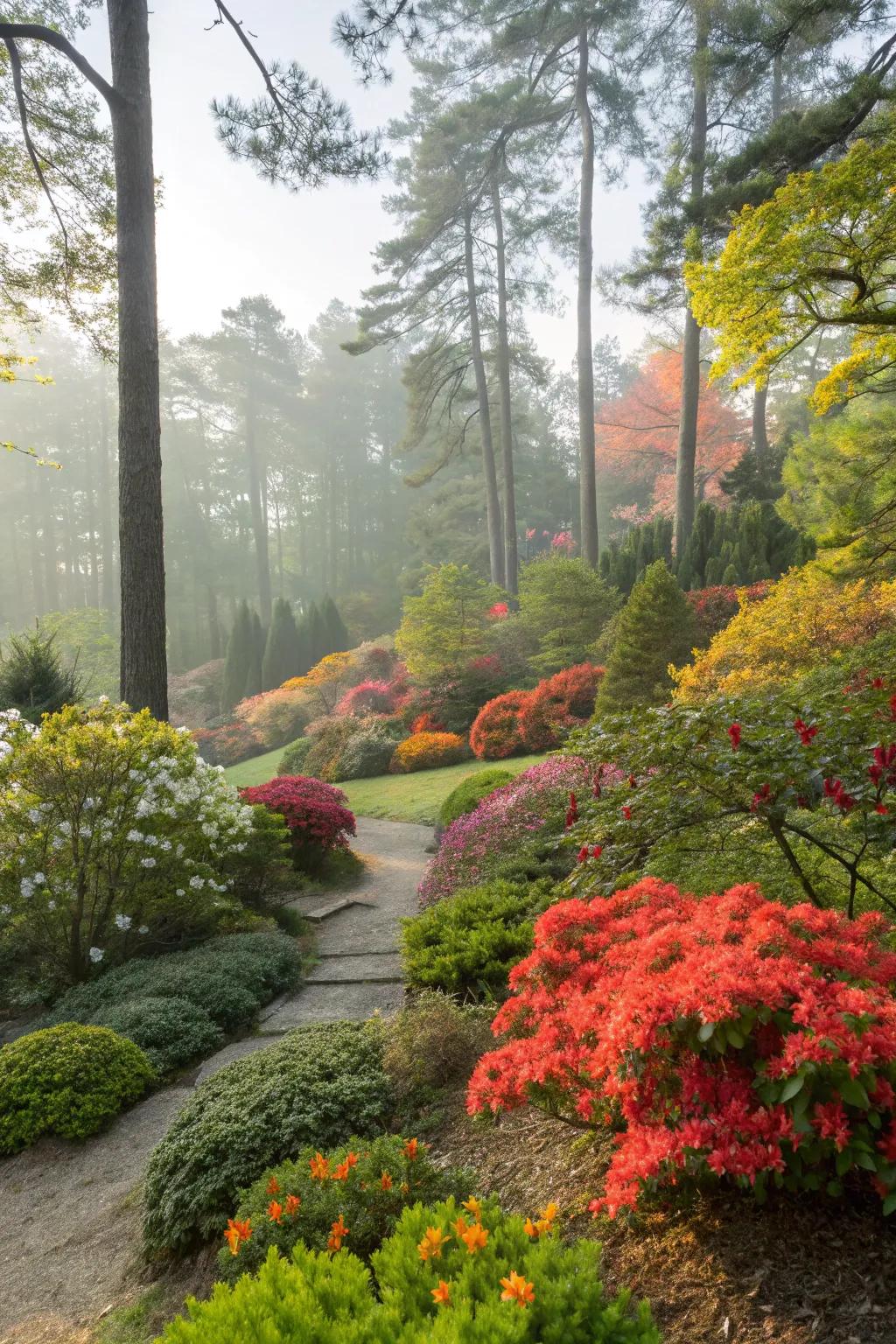 A garden showcasing vibrant foliage plants among evergreens.