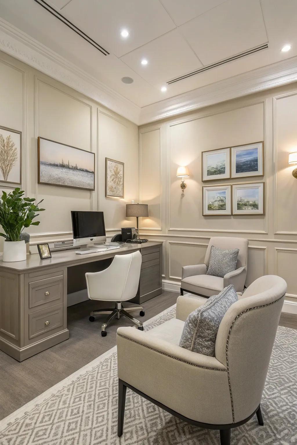 An office space featuring a calming neutral color scheme.