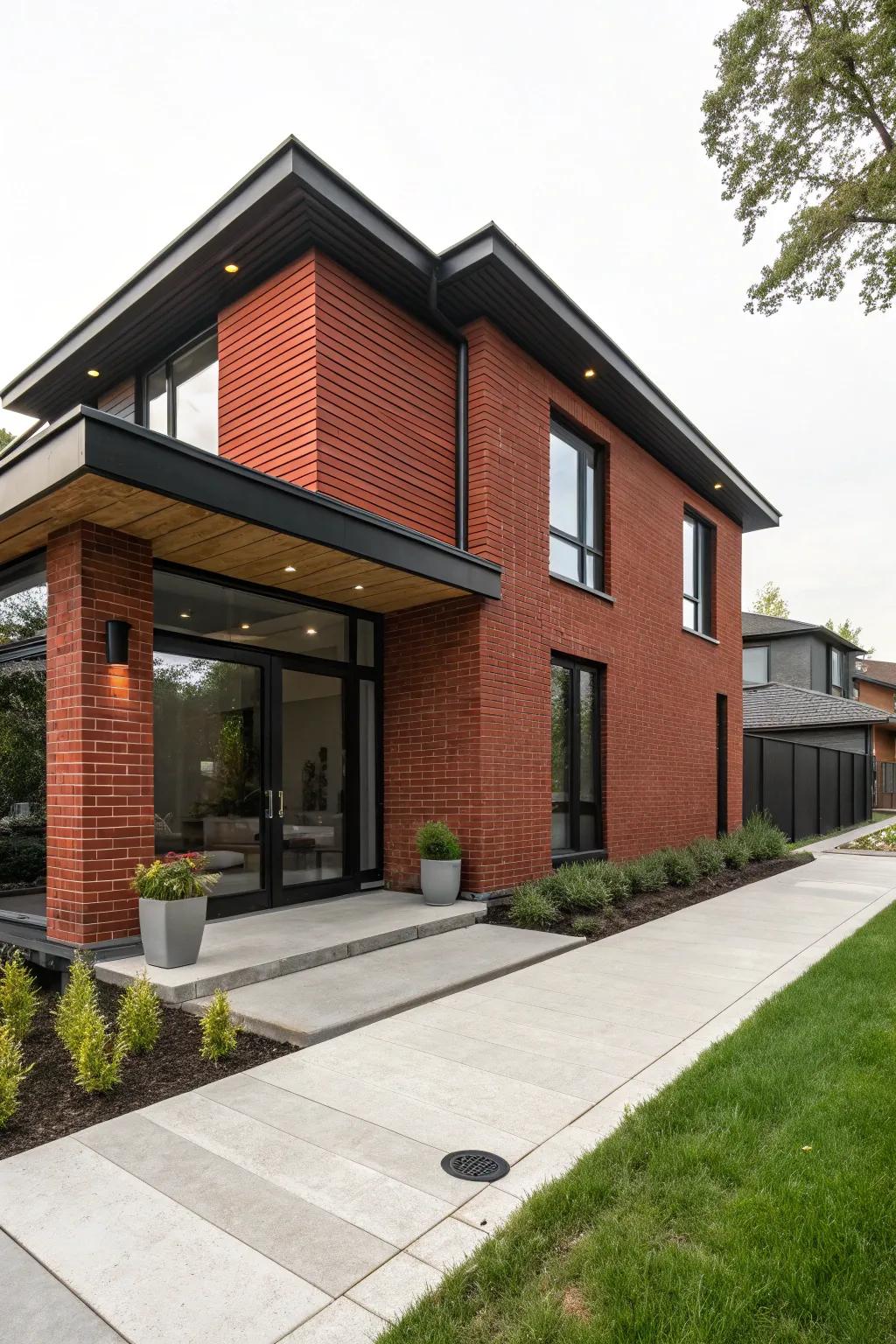 Dramatic flair achieved with bold obsidian trim against classic red brick.