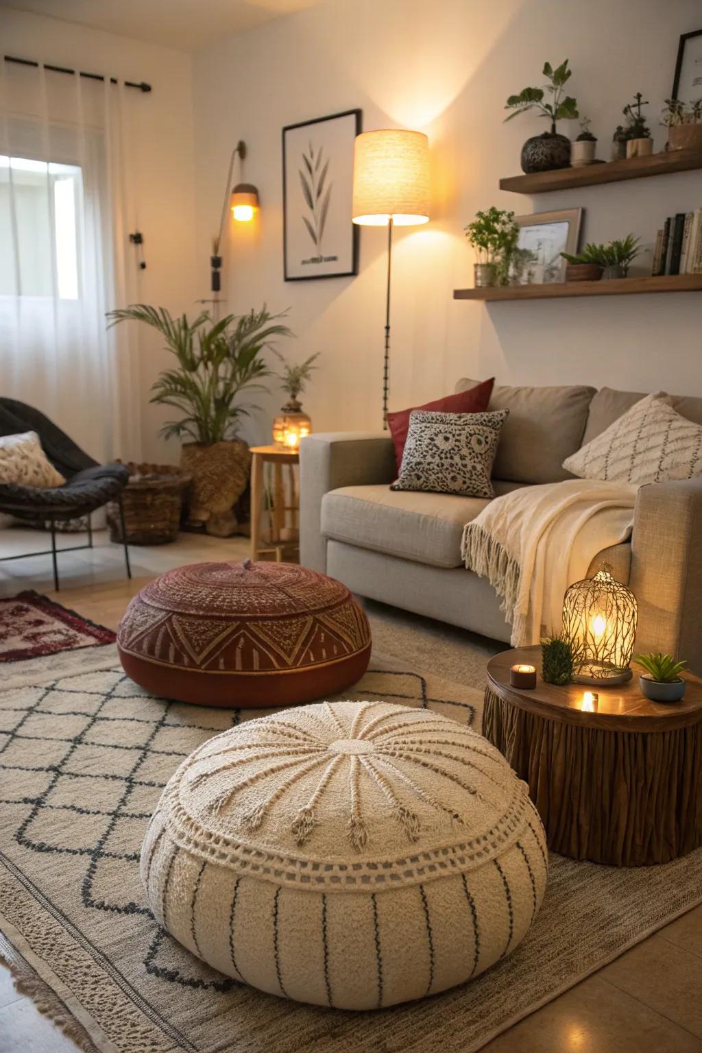 Floor cushions establish a laid-back sitting arrangement in your living space.