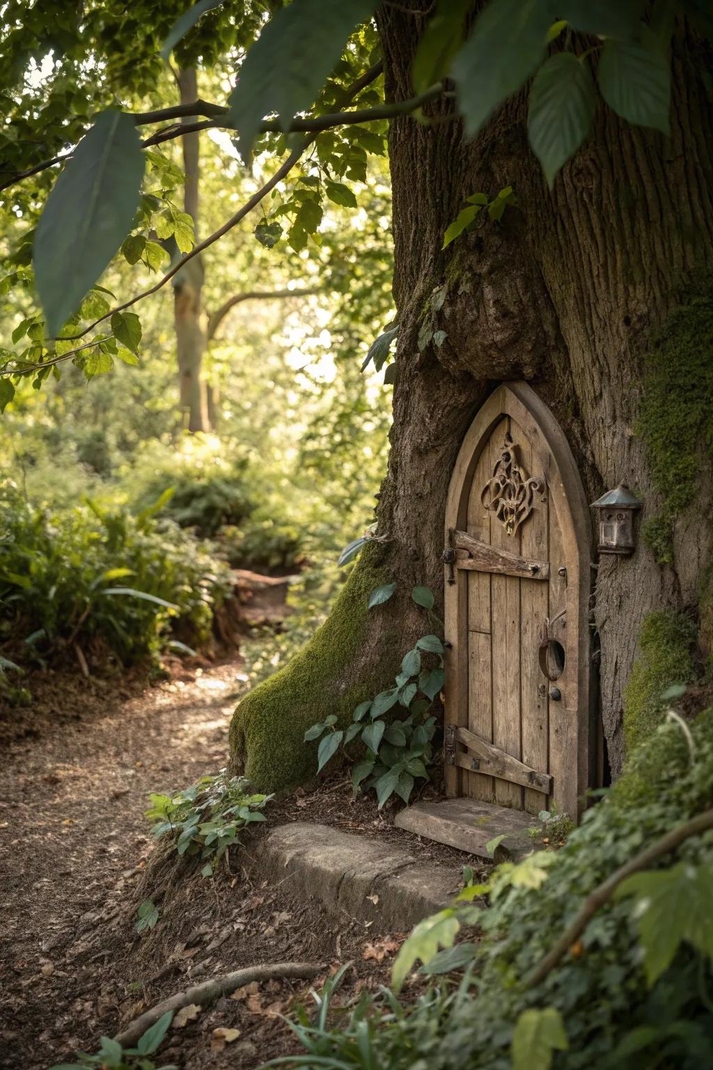 A fairy door inviting magical creatures into the tree.