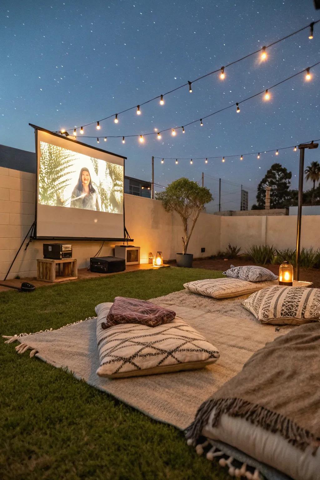 A dreamy outdoor movie night setup on soft artificial grass.