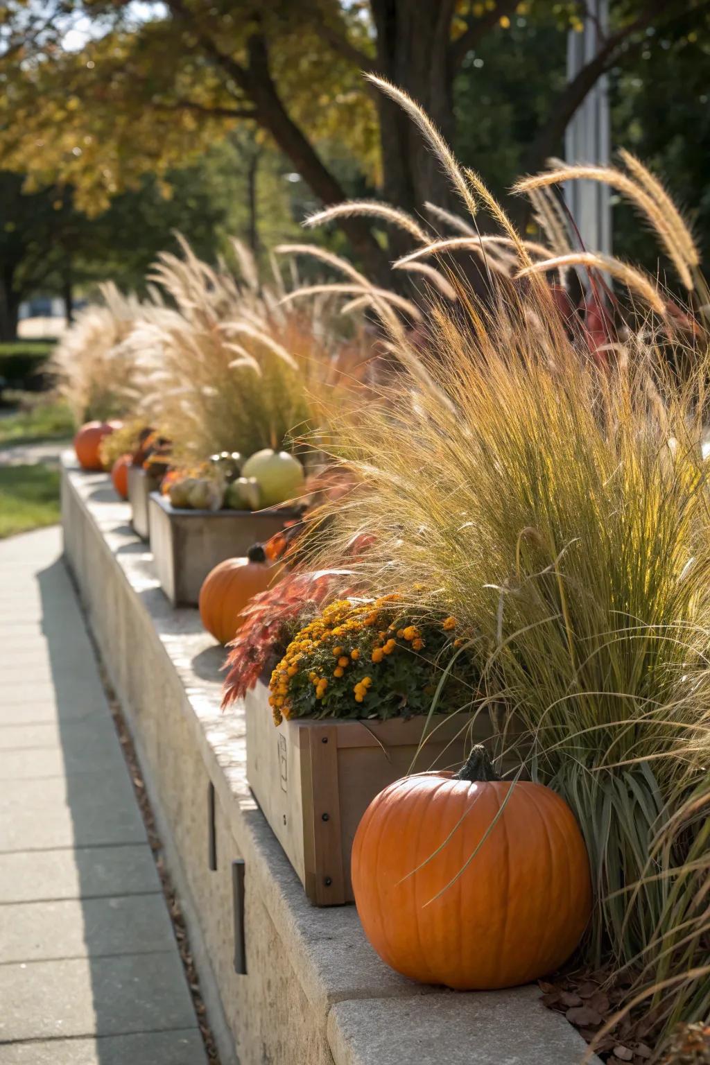 Ornamental grasses paired with pumpkins offer texture and height.