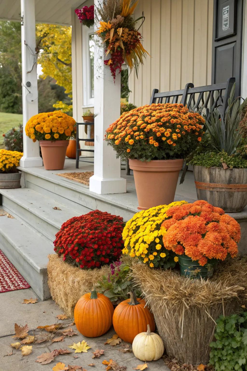 Lively chrysanthemums instill spirit and energy into the fall porch scene.