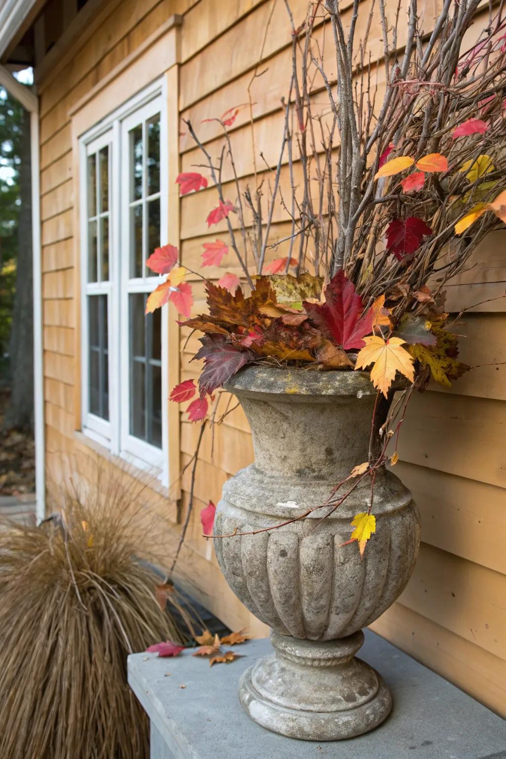Countryside charm featuring branches and autumnal foliage in an autumn container.