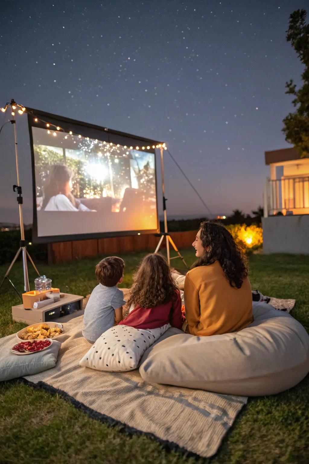 A delightful outdoor movie night experience set up in the yard.