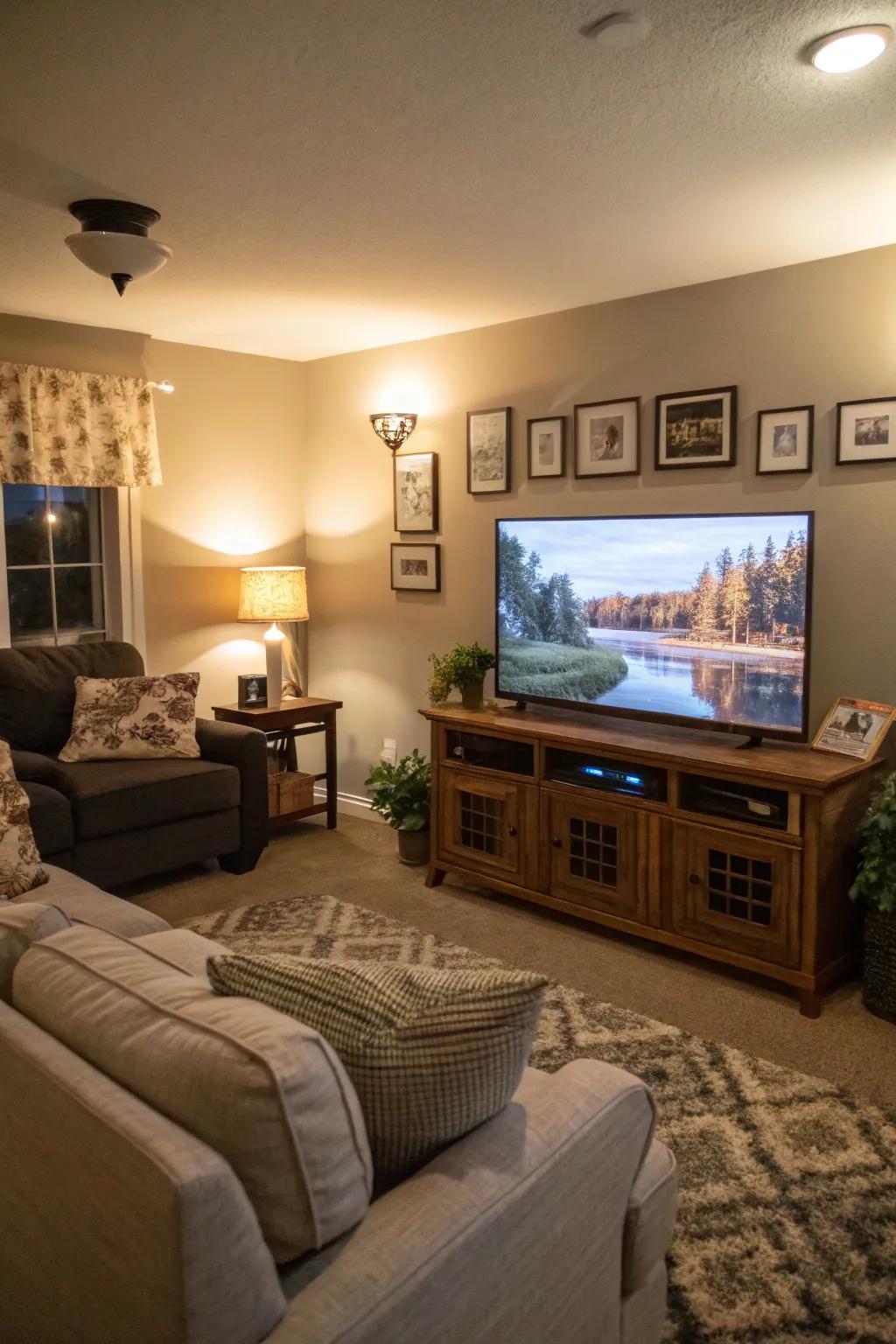 A TV displaying a tranquil screensaver introduces serenity to the family space.