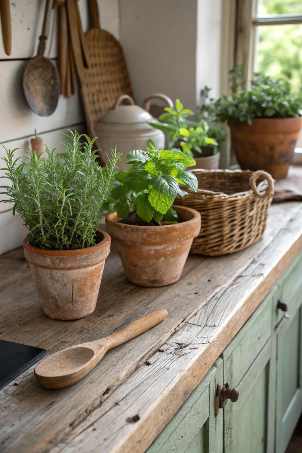 Potted herbs introducing a revitalized sensation to a farmhouse kitchen decorating scheme.