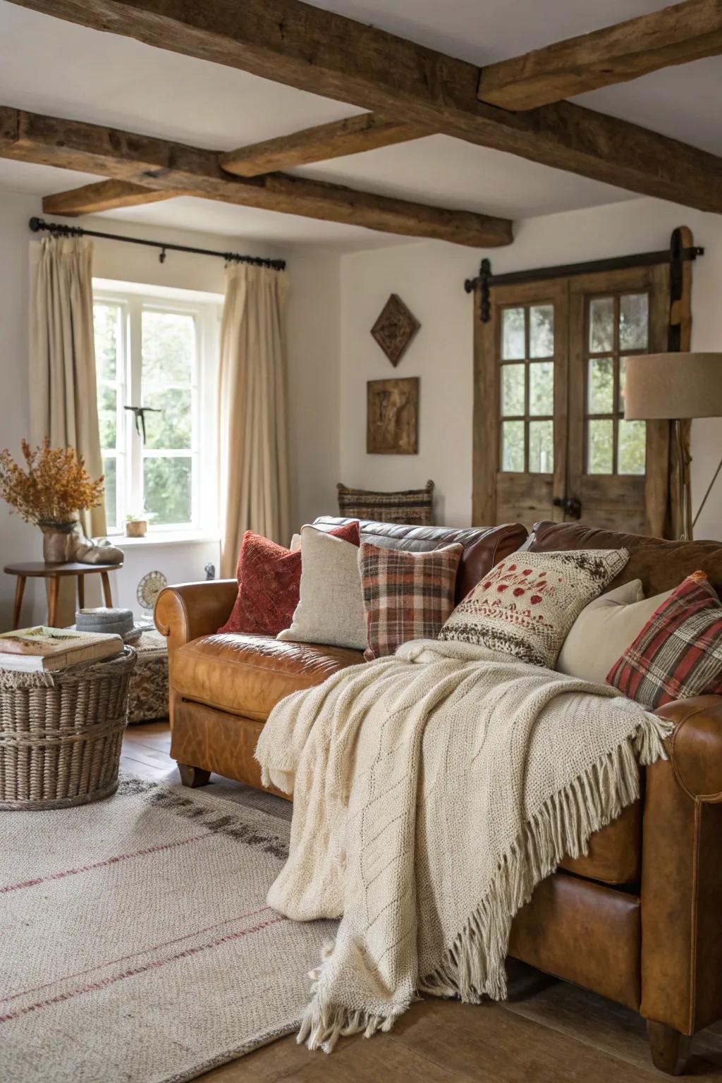 Layered fabrics enhance the warmth and complexity of this captivating farmhouse living space.